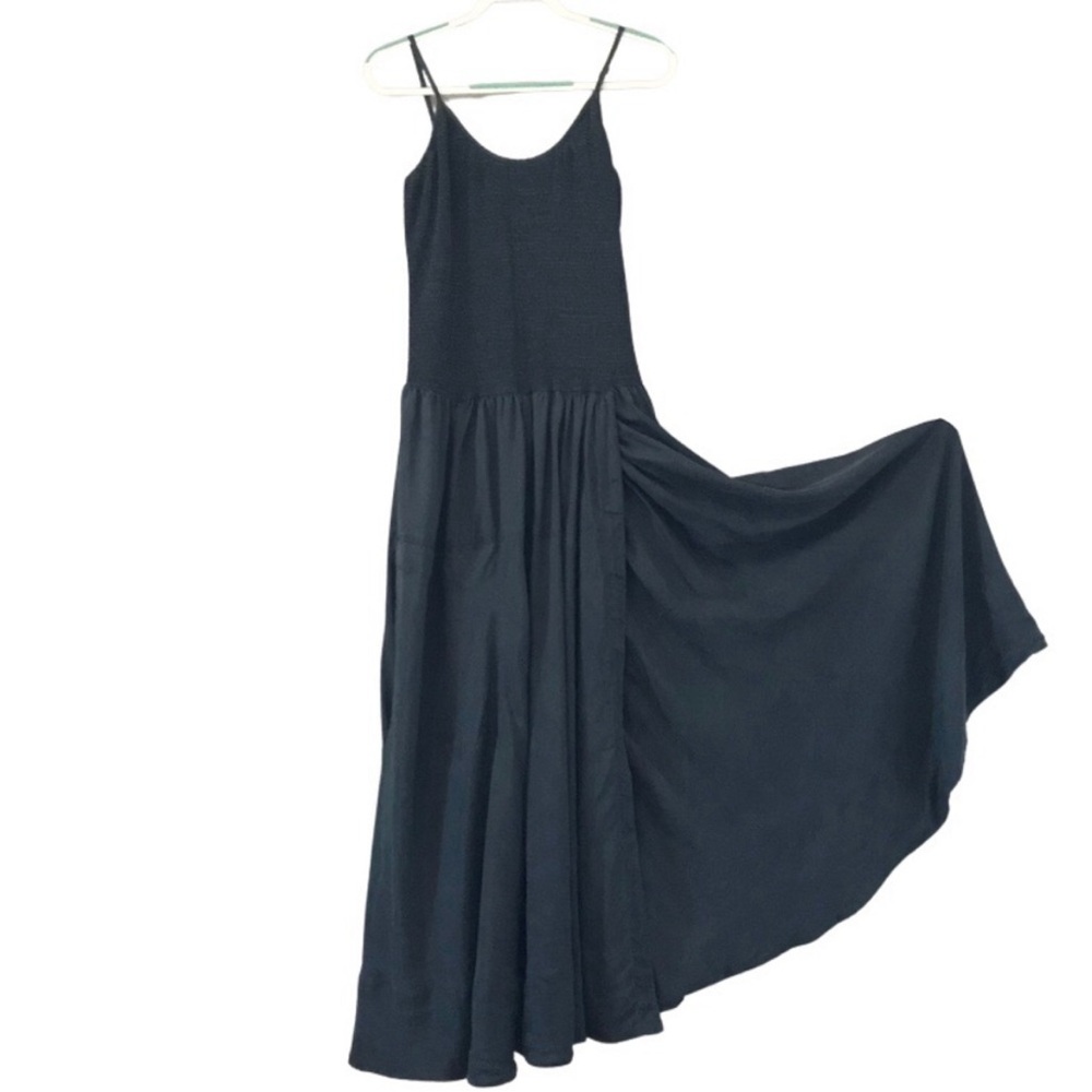 Gunmetal blue elegant silk dress full skirt with smocked tank style top. NWOT - Picture 5 of 9